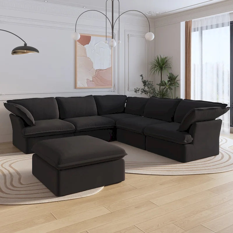 Black / Beige / White L-Shaped Modular Sectional Sofa with Ottoman, Seats 4–5