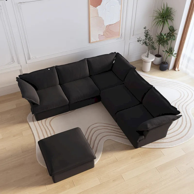 Black / Beige / White L-Shaped Modular Sectional Sofa with Ottoman, Seats 4–5