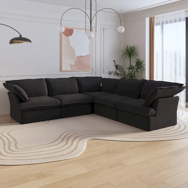 Black / Beige / White L-Shaped Modular Sectional Sofa with Ottoman, Seats 4–5