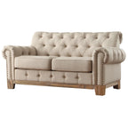 Beige Linen / Grey / Brown Tufted Rolled Arm Chesterfield Loveseat, 2-Seater