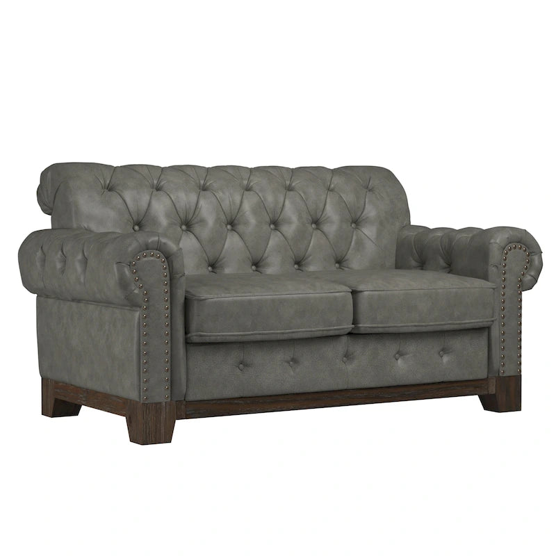 Beige Linen / Grey / Brown Tufted Rolled Arm Chesterfield Loveseat, 2-Seater