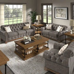 Beige Linen / Grey / Brown Tufted Rolled Arm Chesterfield Loveseat, 2-Seater
