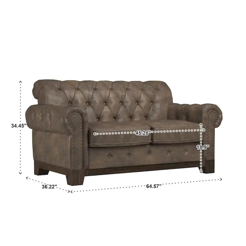 Beige Linen / Grey / Brown Tufted Rolled Arm Chesterfield Loveseat, 2-Seater