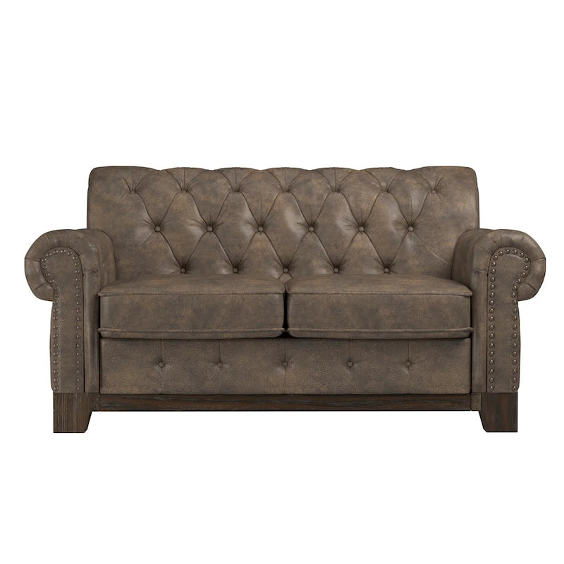 Beige Linen / Grey / Brown Tufted Rolled Arm Chesterfield Loveseat, 2-Seater