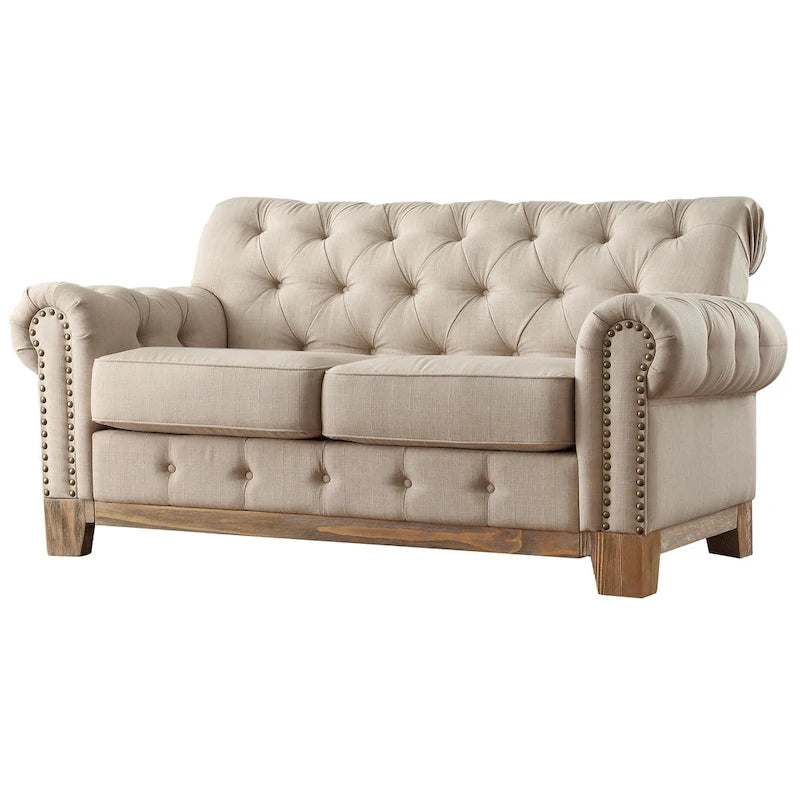 Beige Linen / Grey / Brown Tufted Rolled Arm Chesterfield Loveseat, 2-Seater