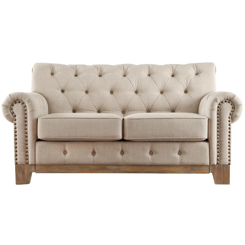 Beige Linen / Grey / Brown Tufted Rolled Arm Chesterfield Loveseat, 2-Seater