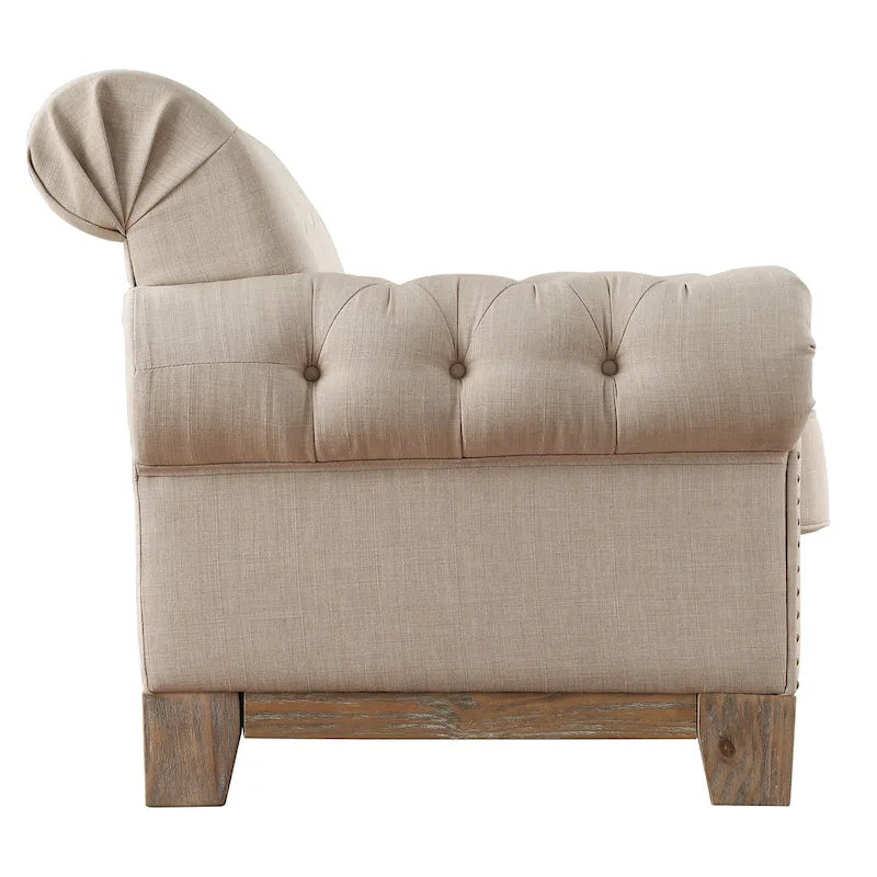 Beige Linen / Grey / Brown Tufted Rolled Arm Chesterfield Loveseat, 2-Seater