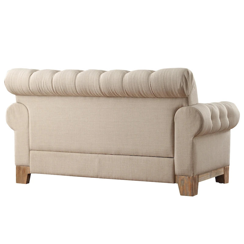 Beige Linen / Grey / Brown Tufted Rolled Arm Chesterfield Loveseat, 2-Seater