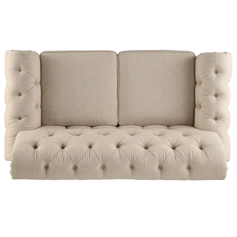 Beige Linen / Grey / Brown Tufted Rolled Arm Chesterfield Loveseat, 2-Seater