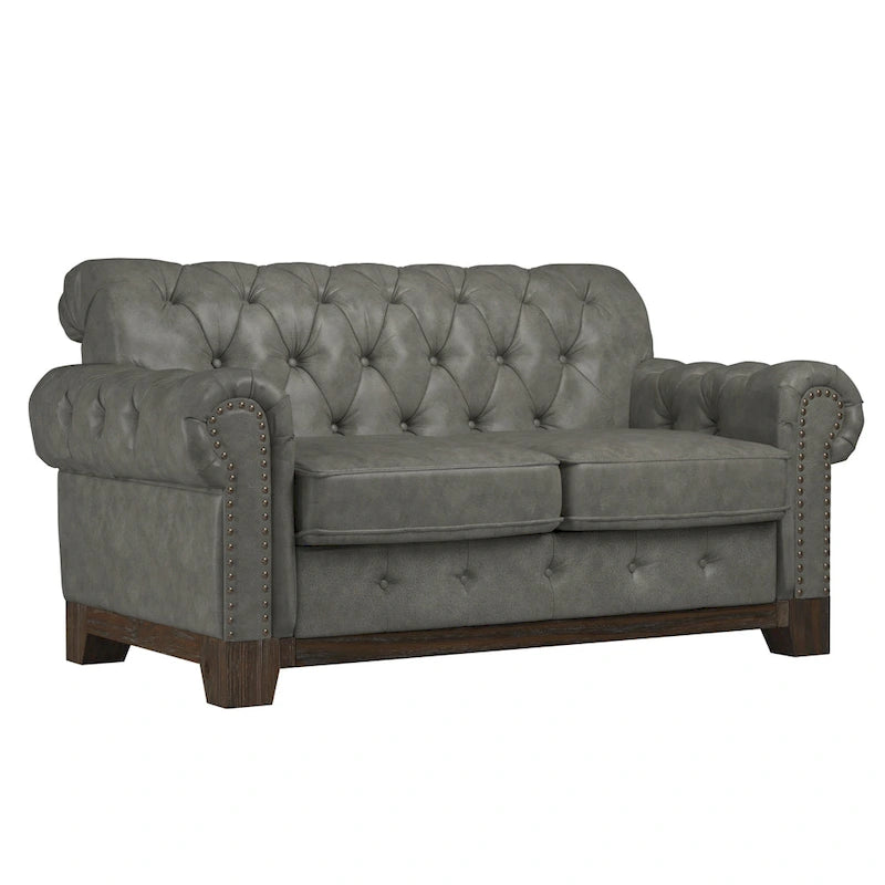 Beige Linen / Grey / Brown Tufted Rolled Arm Chesterfield Loveseat, 2-Seater