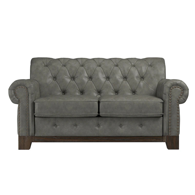 Beige Linen / Grey / Brown Tufted Rolled Arm Chesterfield Loveseat, 2-Seater
