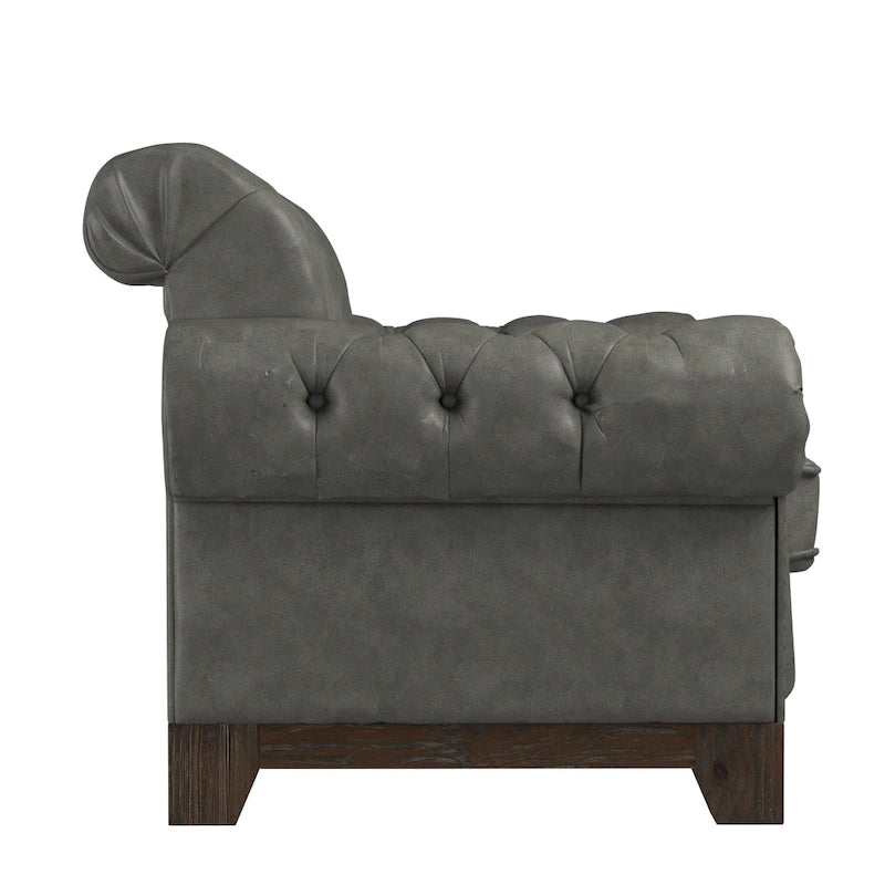 Beige Linen / Grey / Brown Tufted Rolled Arm Chesterfield Loveseat, 2-Seater
