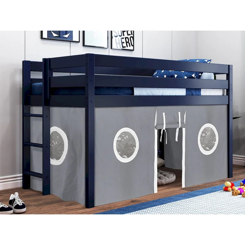 Multi-Color Twin Low Loft Bed with Tent & End Ladder, for 1 Child