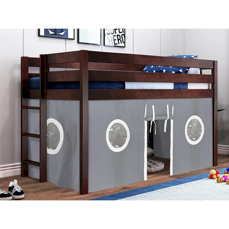 Multi-Color Twin Low Loft Bed with Tent & End Ladder, for 1 Child
