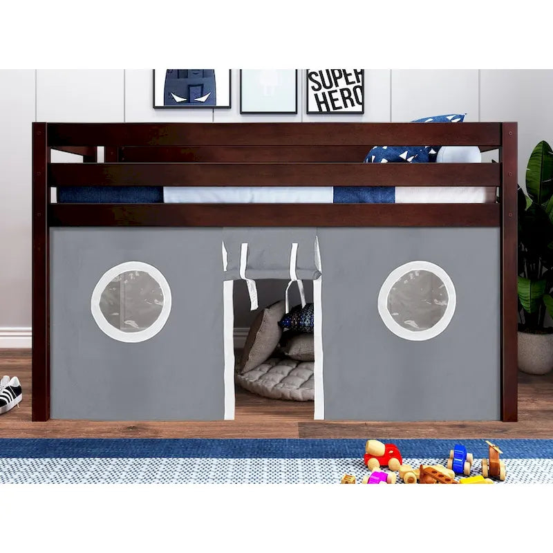 Multi-Color Twin Low Loft Bed with Tent & End Ladder, for 1 Child