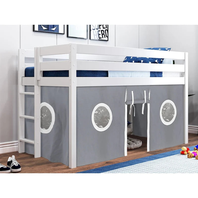 Multi-Color Twin Low Loft Bed with Tent & End Ladder, for 1 Child