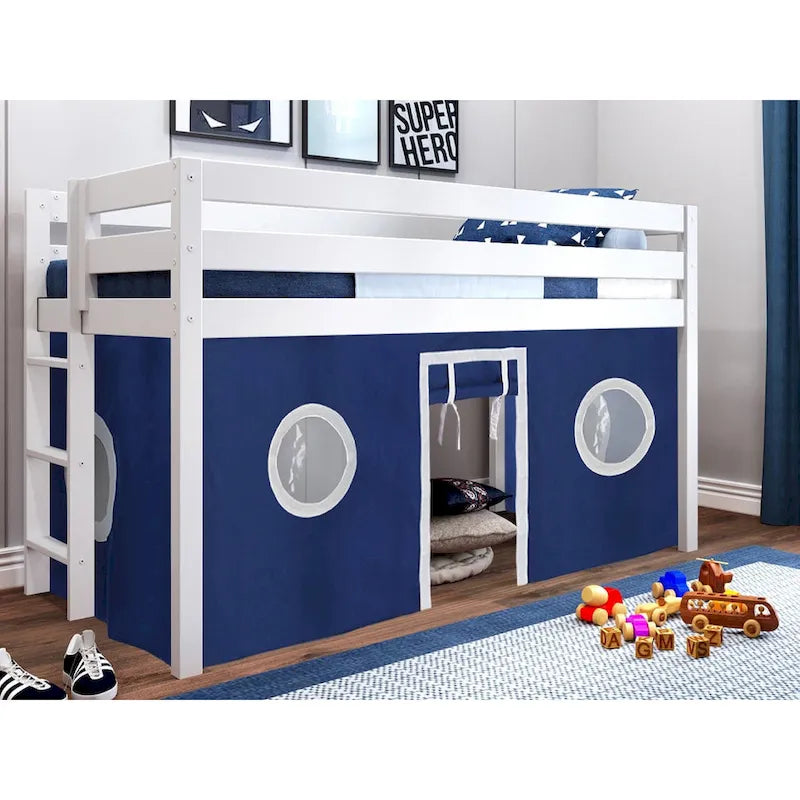 Multi-Color Twin Low Loft Bed with Tent & End Ladder, for 1 Child
