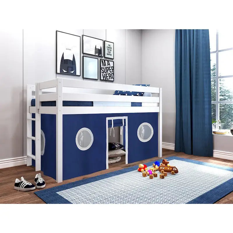 Multi-Color Twin Low Loft Bed with Tent & End Ladder, for 1 Child
