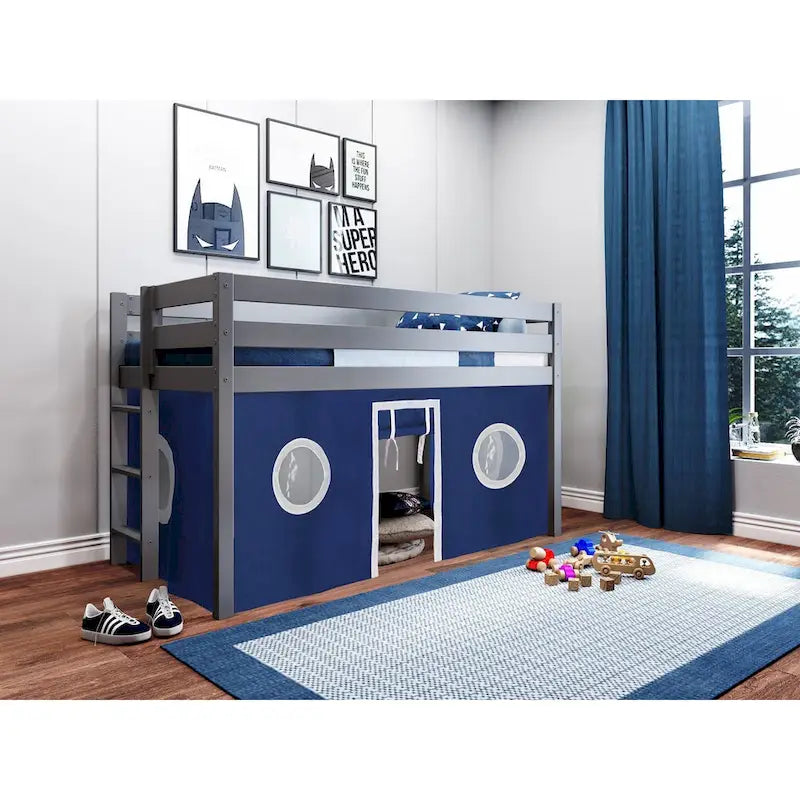 Multi-Color Twin Low Loft Bed with Tent & End Ladder, for 1 Child