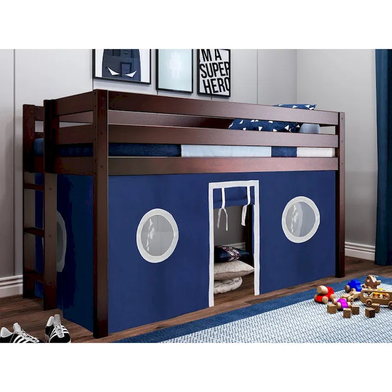 Multi-Color Twin Low Loft Bed with Tent & End Ladder, for 1 Child