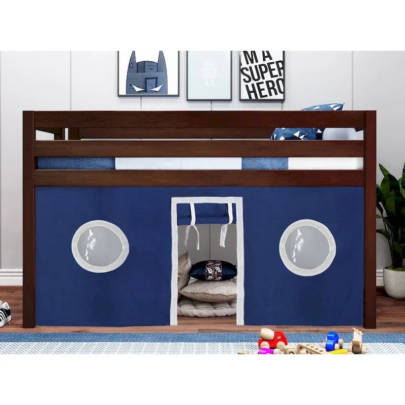 Multi-Color Twin Low Loft Bed with Tent & End Ladder, for 1 Child