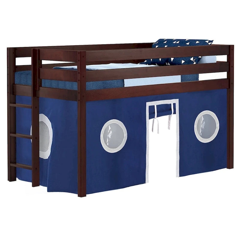 Multi-Color Twin Low Loft Bed with Tent & End Ladder, for 1 Child