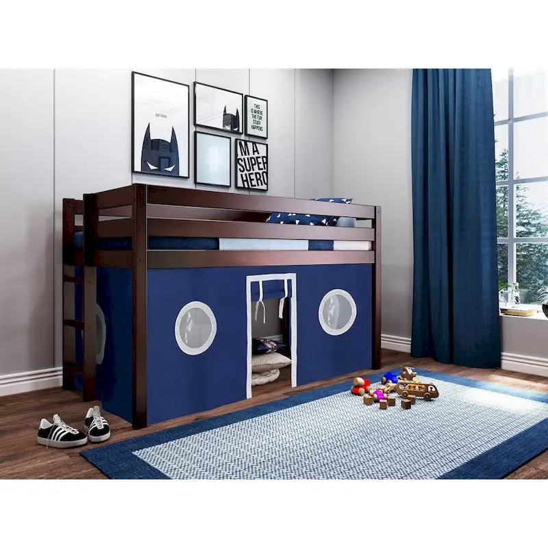 Multi-Color Twin Low Loft Bed with Tent & End Ladder, for 1 Child