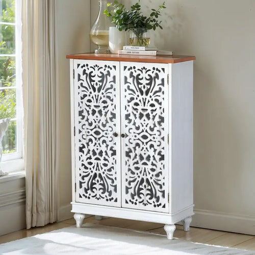 2-Door Retro Hollow-Carved Storage Cabinet (Blue / White), Single