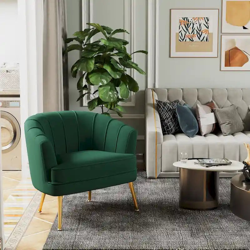 Green / Beige Velvet Accent Chair, Single Seat Upholstered Sofa Chair