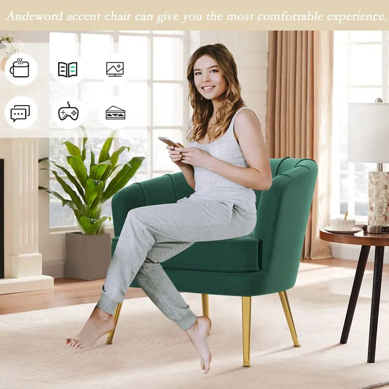 Green / Beige Velvet Accent Chair, Single Seat Upholstered Sofa Chair