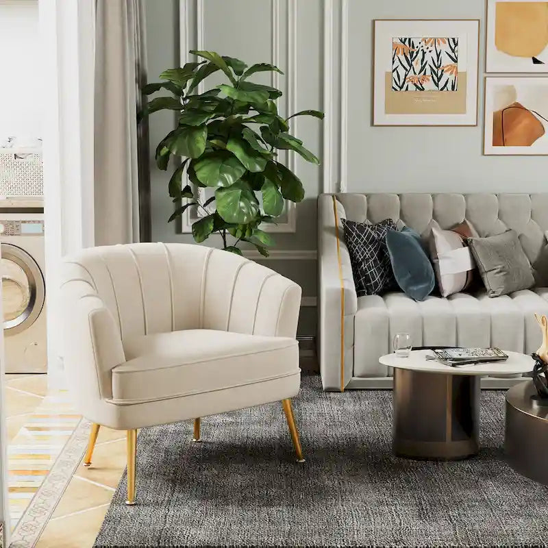 Green / Beige Velvet Accent Chair, Single Seat Upholstered Sofa Chair