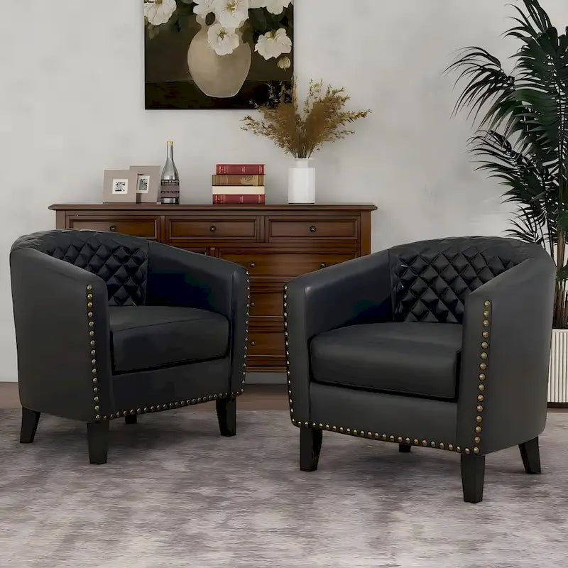 Black / Beige / White / Green / Brown Faux Leather Barrel Accent Chair with Wood Legs, Single
