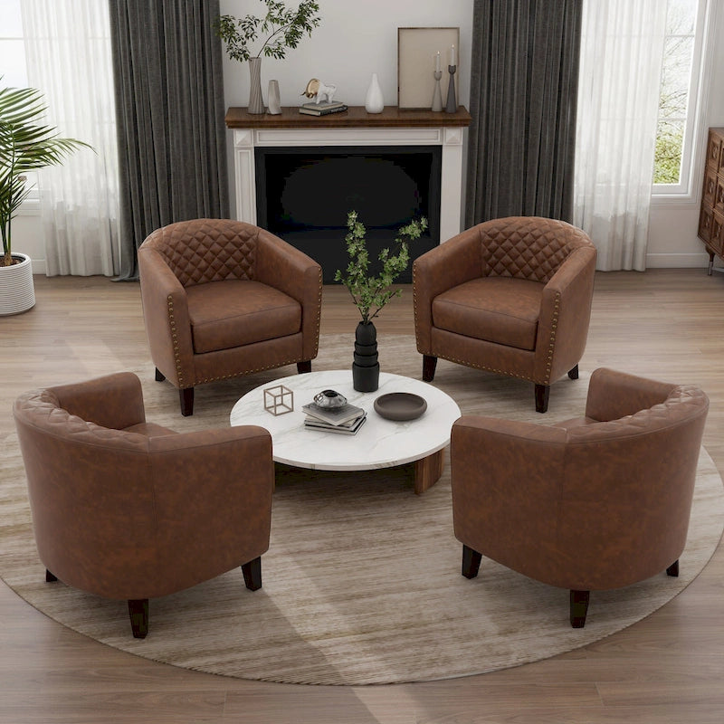 Black / Beige / White / Green / Brown Faux Leather Barrel Accent Chair with Wood Legs, Single