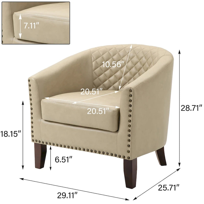 Black / Beige / White / Green / Brown Faux Leather Barrel Accent Chair with Wood Legs, Single