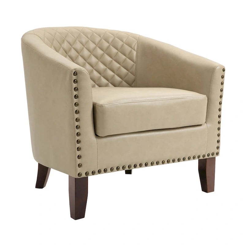 Black / Beige / White / Green / Brown Faux Leather Barrel Accent Chair with Wood Legs, Single