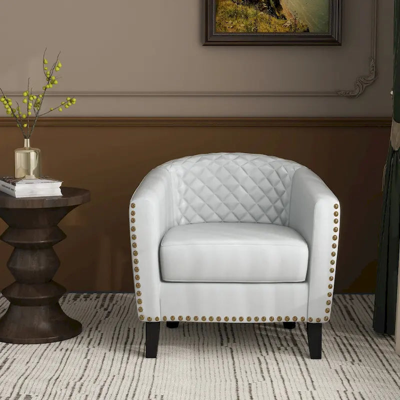 Black / Beige / White / Green / Brown Faux Leather Barrel Accent Chair with Wood Legs, Single