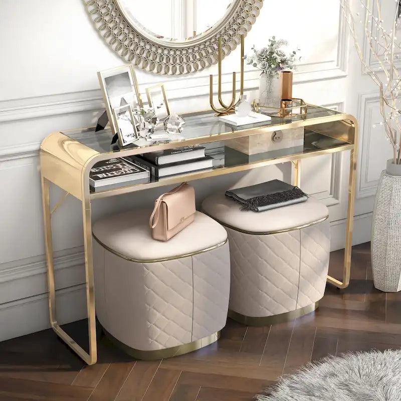 Silver/Gold Console Table, Glass Top 1-Shelf, Contemporary Style