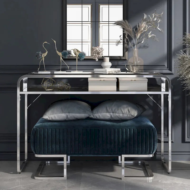 Silver/Gold Console Table, Glass Top 1-Shelf, Contemporary Style