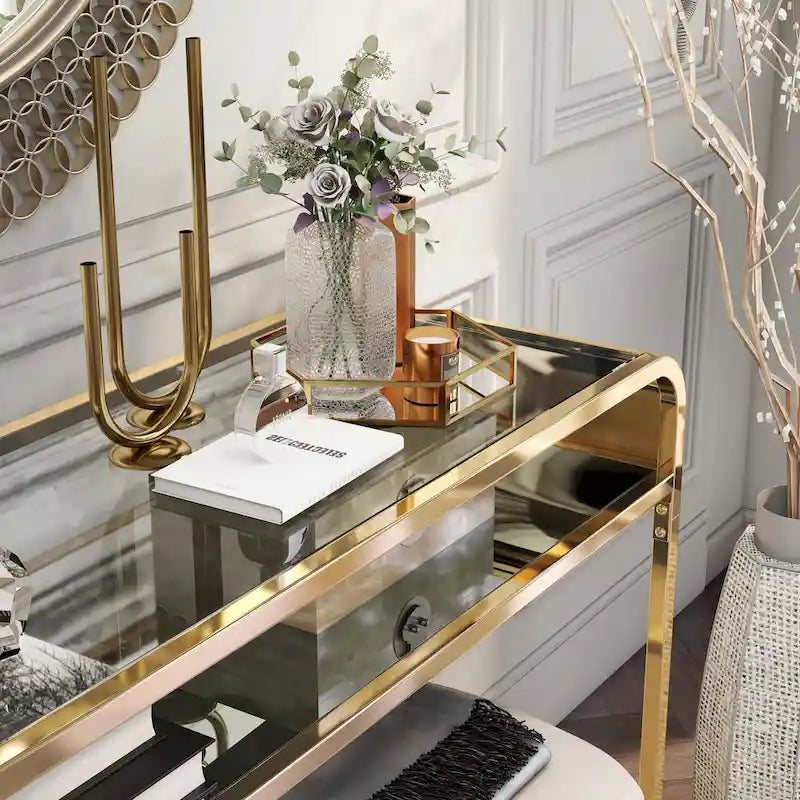 Silver/Gold Console Table, Glass Top 1-Shelf, Contemporary Style