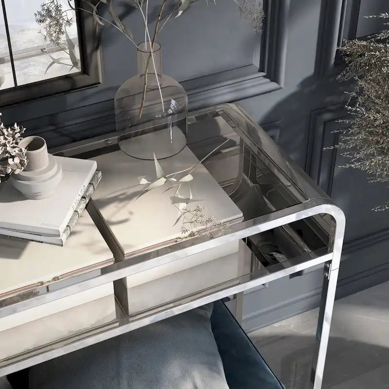 Silver/Gold Console Table, Glass Top 1-Shelf, Contemporary Style