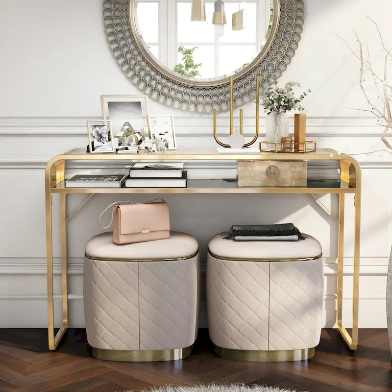 Silver/Gold Console Table, Glass Top 1-Shelf, Contemporary Style