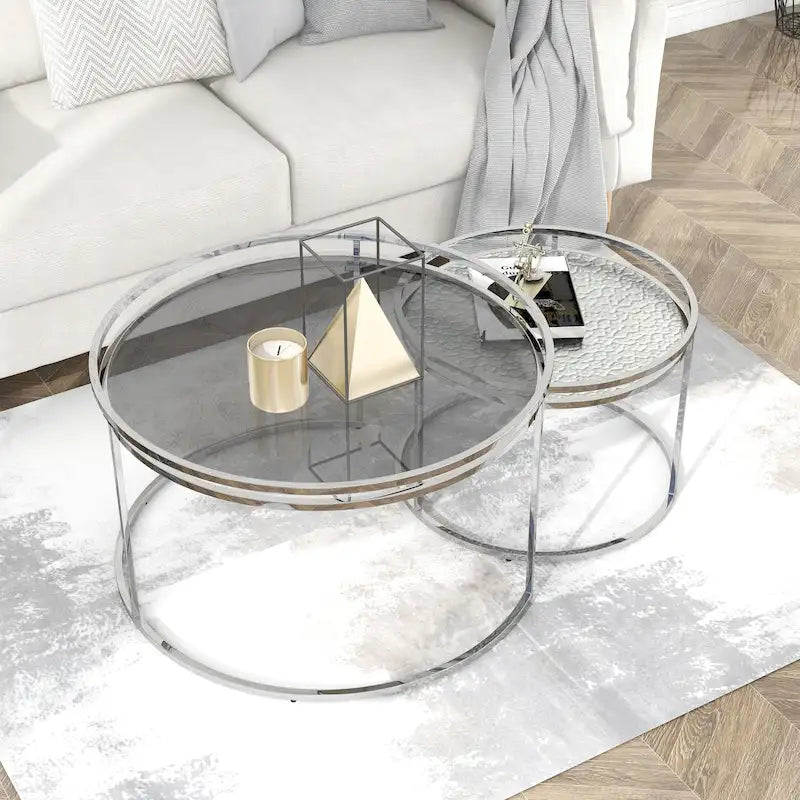 Grey/Clear Glass Top Chrome Round Nesting Tables, Set of 2