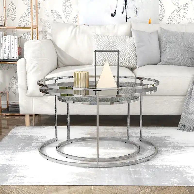 Grey/Clear Glass Top Chrome Round Nesting Tables, Set of 2