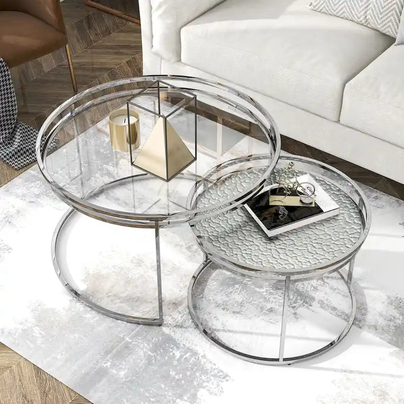 Grey/Clear Glass Top Chrome Round Nesting Tables, Set of 2