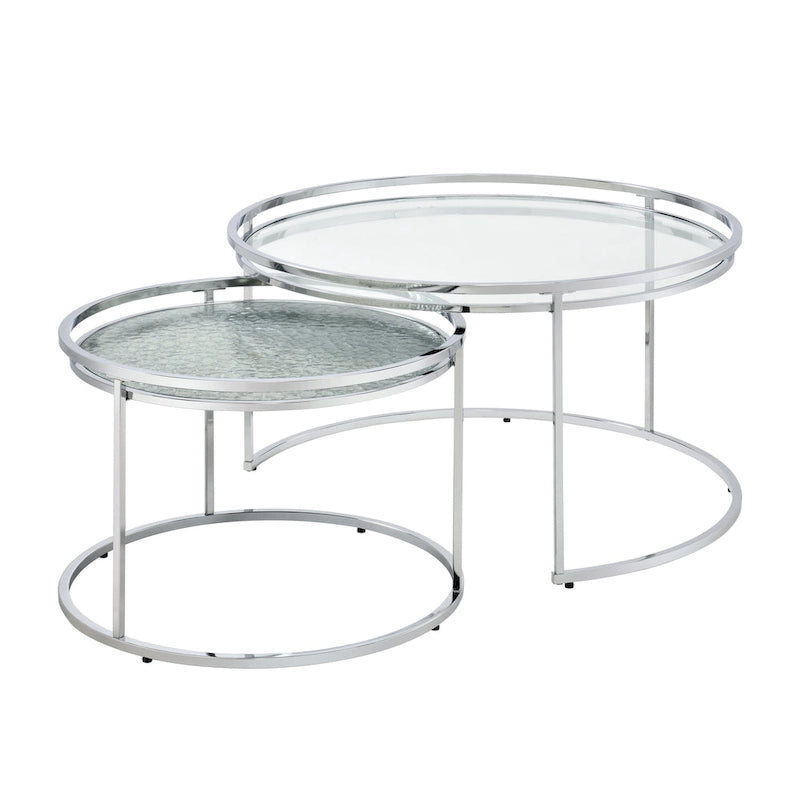 Grey/Clear Glass Top Chrome Round Nesting Tables, Set of 2