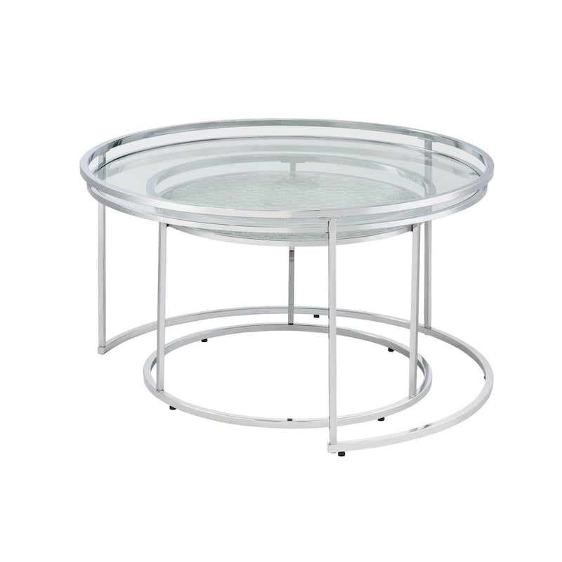 Grey/Clear Glass Top Chrome Round Nesting Tables, Set of 2
