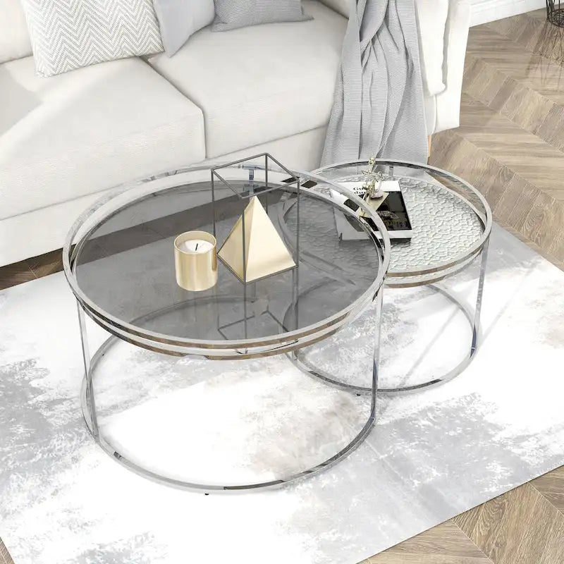 Grey/Clear Glass Top Chrome Round Nesting Tables, Set of 2
