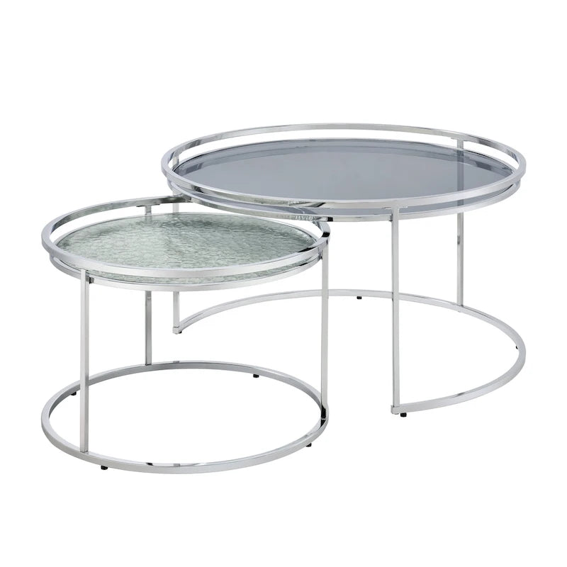 Grey/Clear Glass Top Chrome Round Nesting Tables, Set of 2
