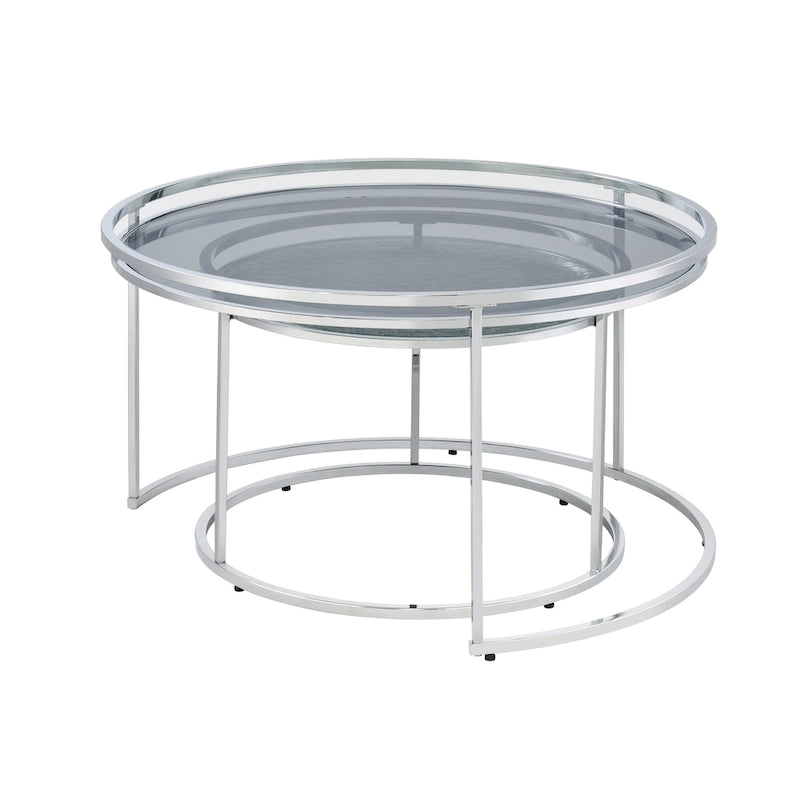 Grey/Clear Glass Top Chrome Round Nesting Tables, Set of 2
