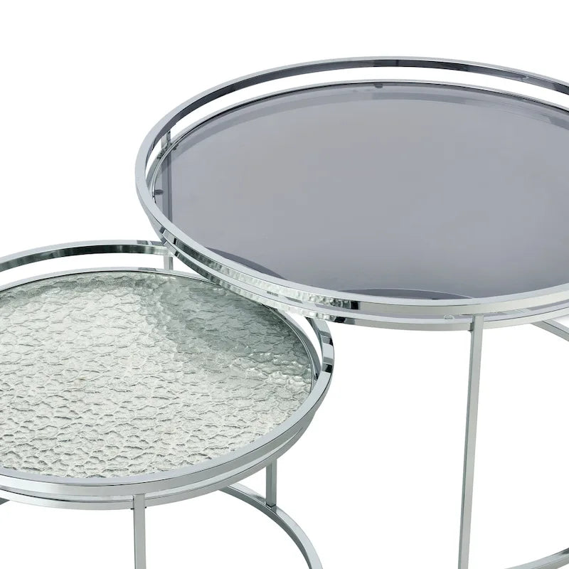 Grey/Clear Glass Top Chrome Round Nesting Tables, Set of 2